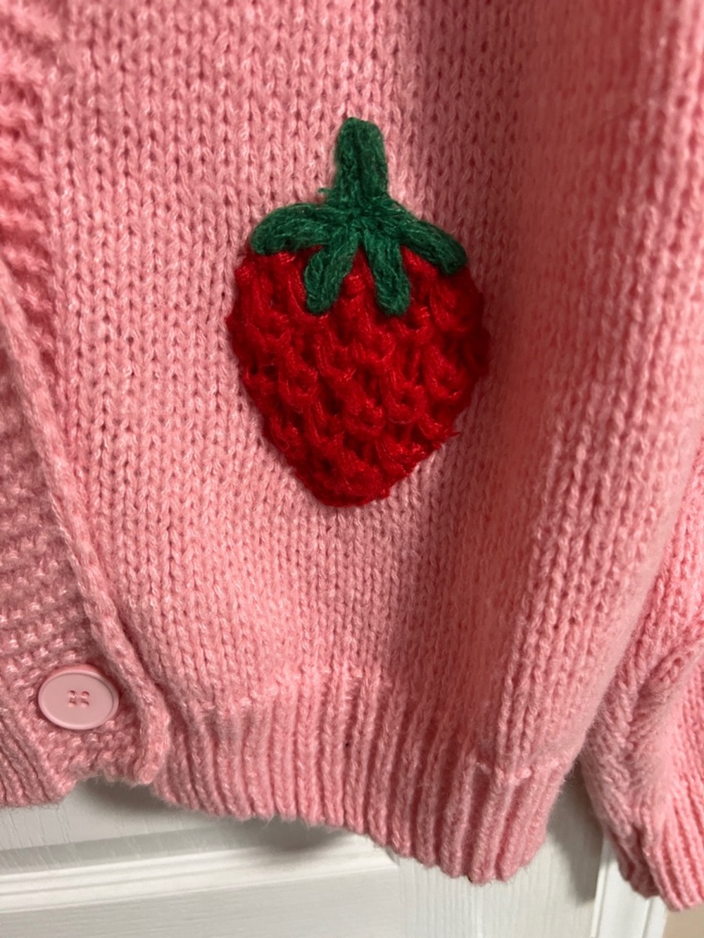 Luna Ivy Pink Strawberry Appliqué V-Neck Cardigan Sweater - Picture 3 of 12